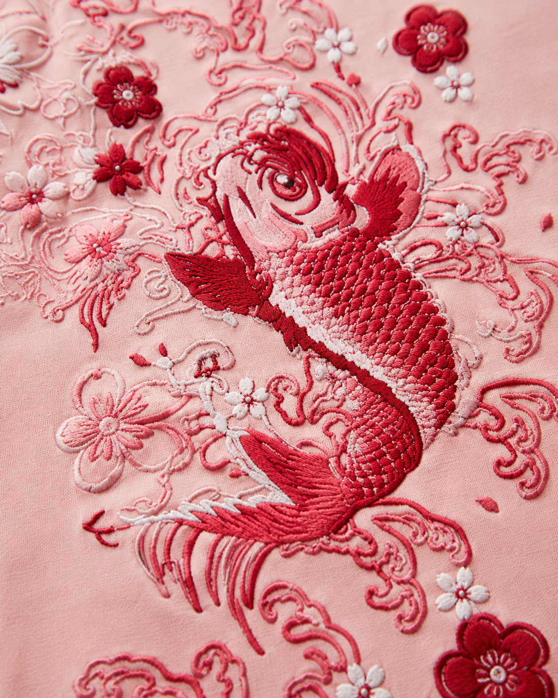 Sakura Koi Wave T-Shirt by Sukaizen in soft pink with red koi fish wave and sakura blossom embroidery