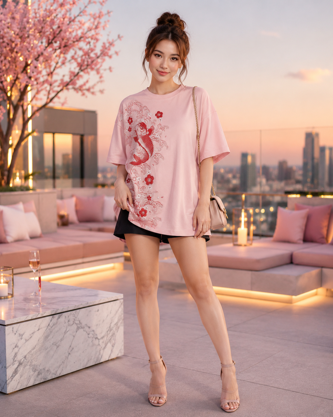 Sakura Koi Wave T-Shirt by Sukaizen in soft pink with red koi fish wave and sakura blossom embroidery