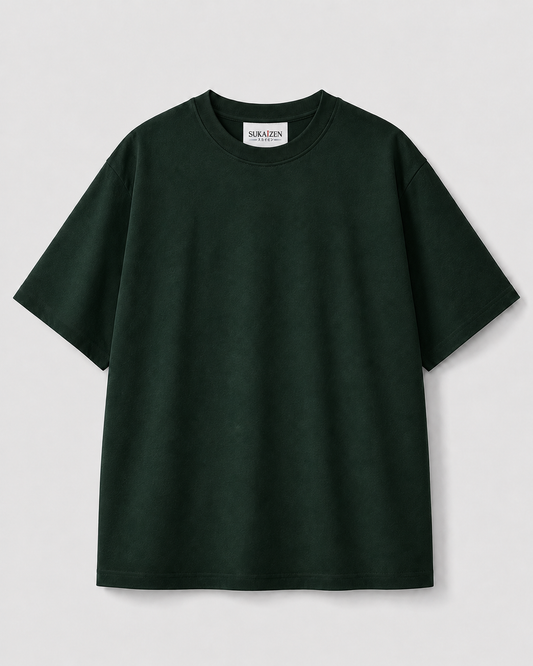 Bamboo Tiger Sun T-Shirt by Sukaizen in dark forest green with tiger bamboo and red sun embroidery