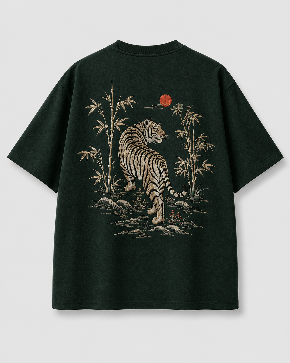 Bamboo Tiger Sun T-Shirt by Sukaizen in dark forest green with tiger bamboo and red sun embroidery