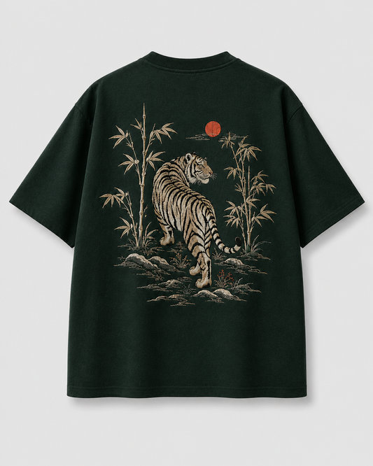Bamboo Tiger Sun T-Shirt by Sukaizen in dark forest green with tiger bamboo and red sun embroidery