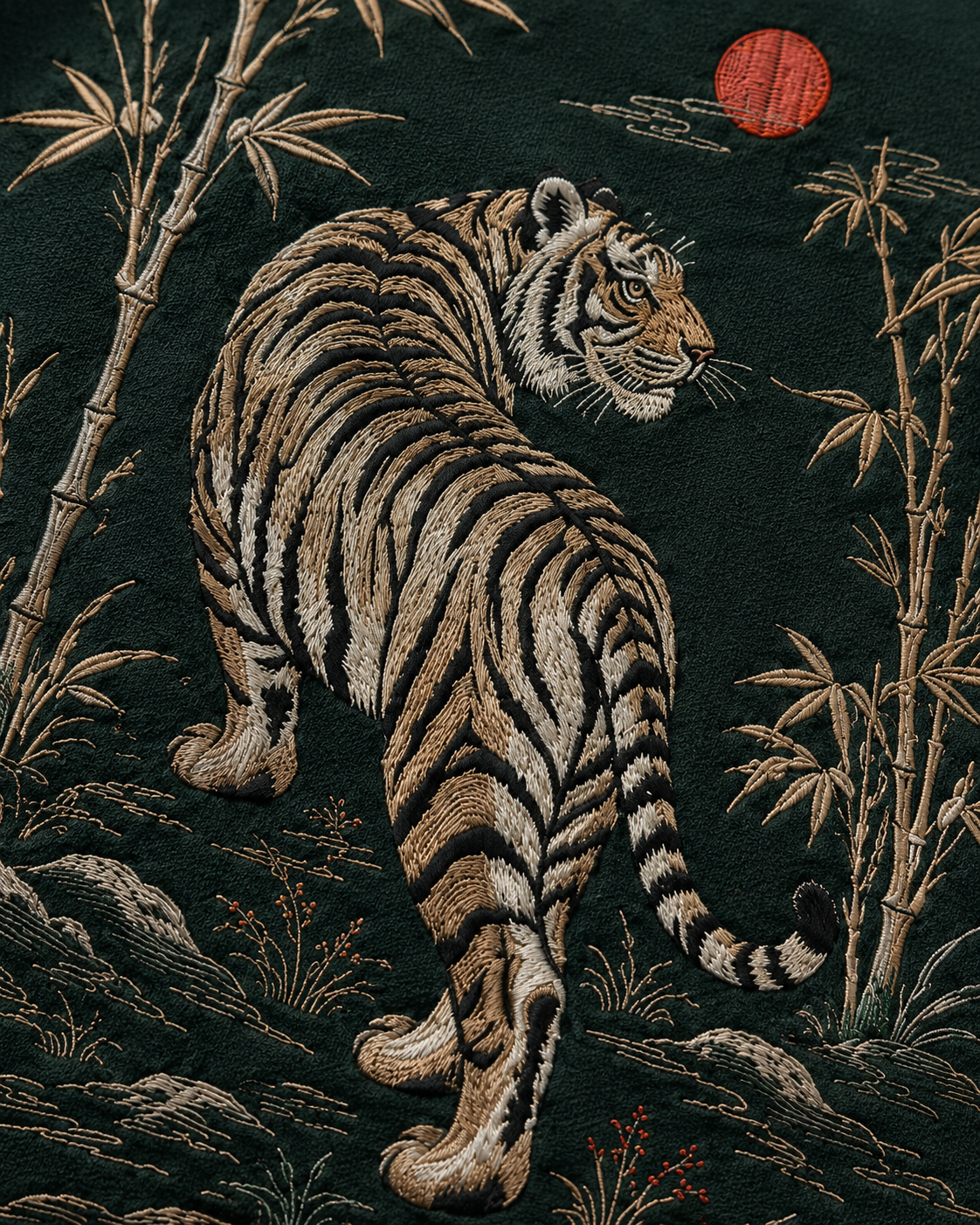Bamboo Tiger Sun T-Shirt by Sukaizen in dark forest green with tiger bamboo and red sun embroidery