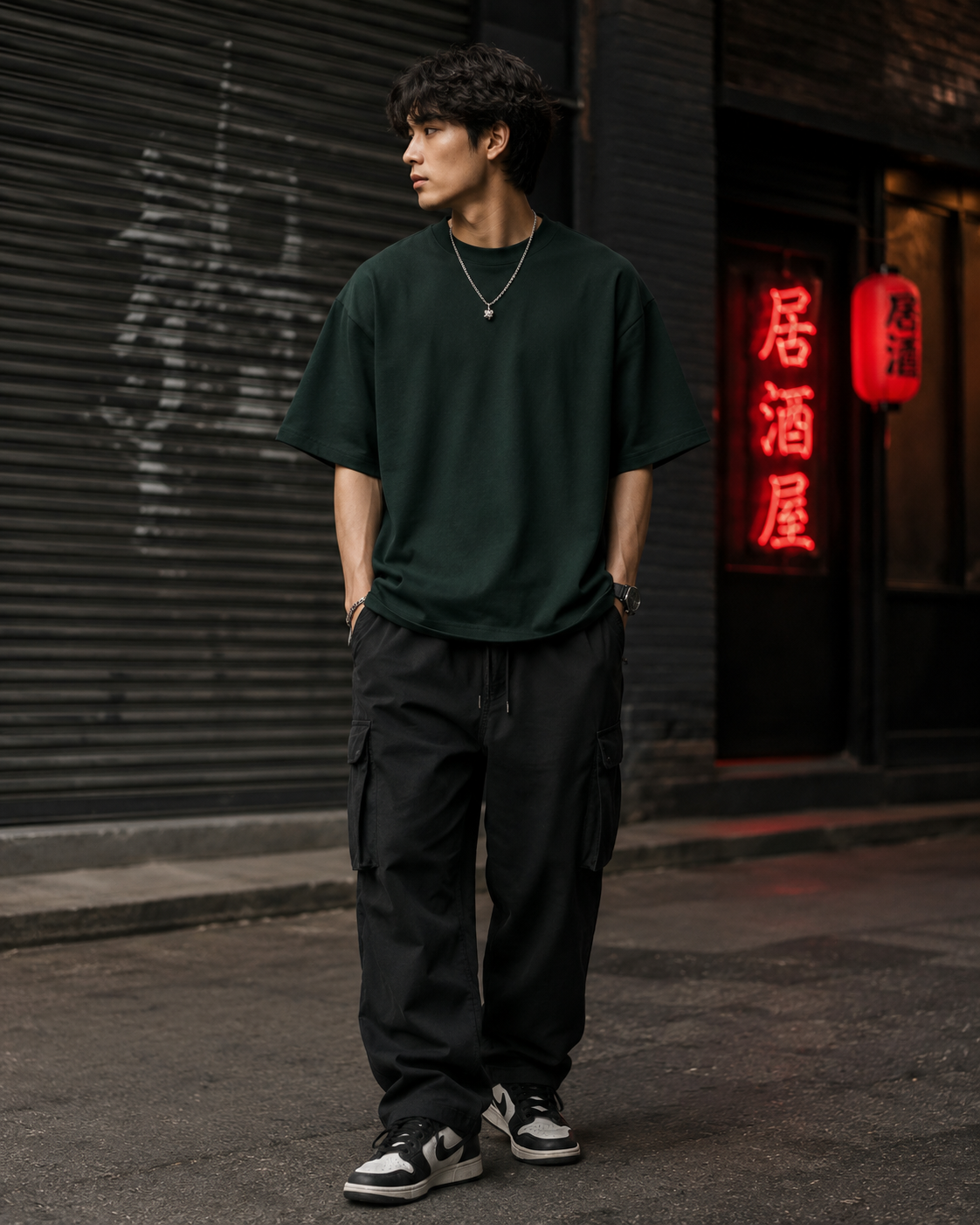 Bamboo Tiger Sun T-Shirt by Sukaizen in dark forest green with tiger bamboo and red sun embroidery