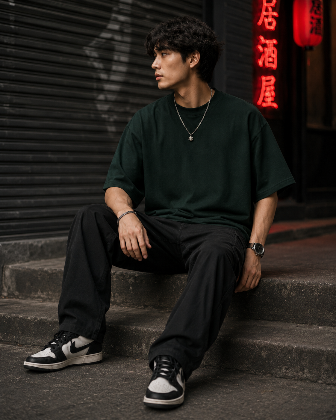 Bamboo Tiger Sun T-Shirt by Sukaizen in dark forest green with tiger bamboo and red sun embroidery