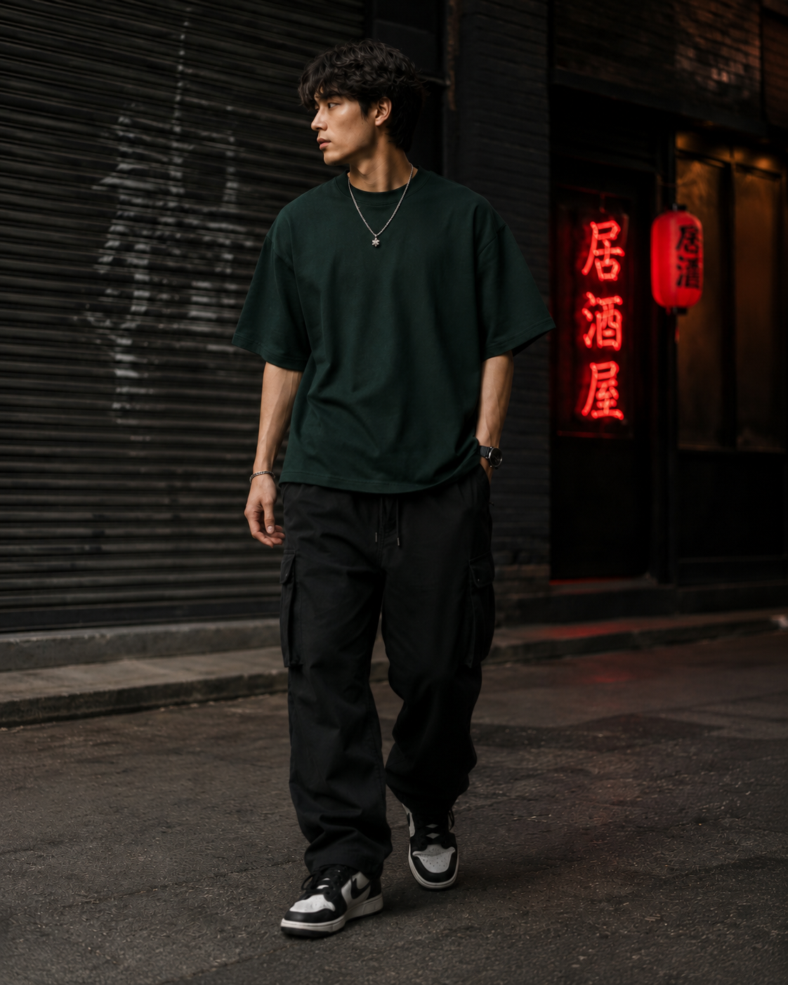 Bamboo Tiger Sun T-Shirt by Sukaizen in dark forest green with tiger bamboo and red sun embroidery