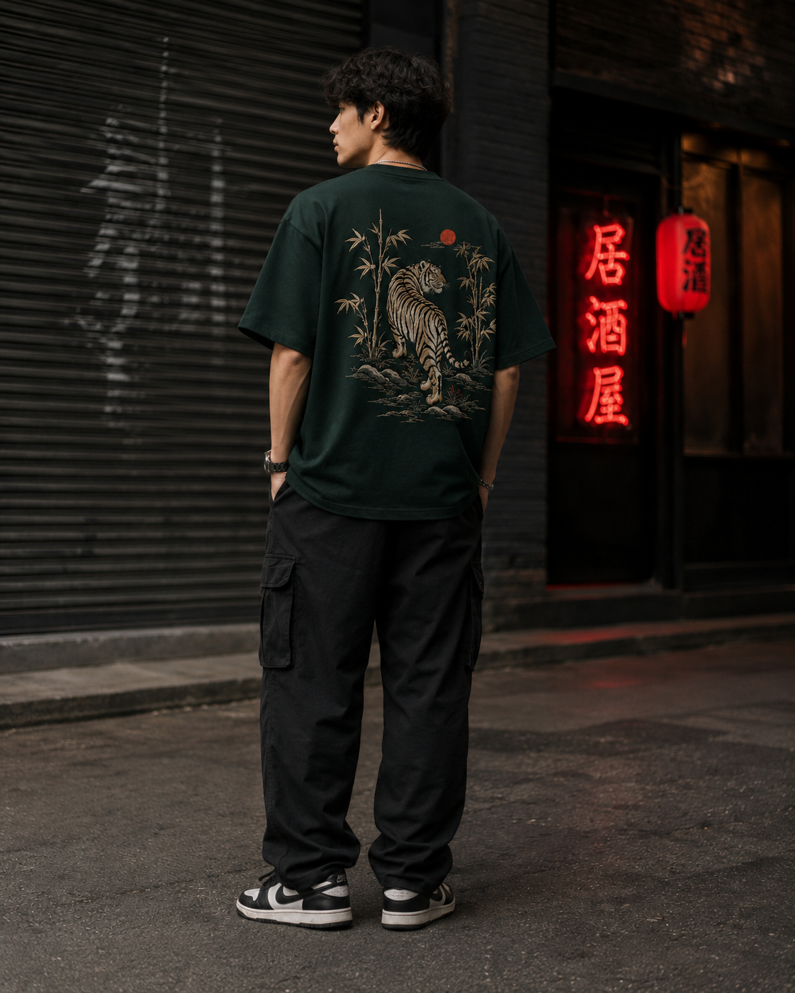 Bamboo Tiger Sun T-Shirt by Sukaizen in dark forest green with tiger bamboo and red sun embroidery