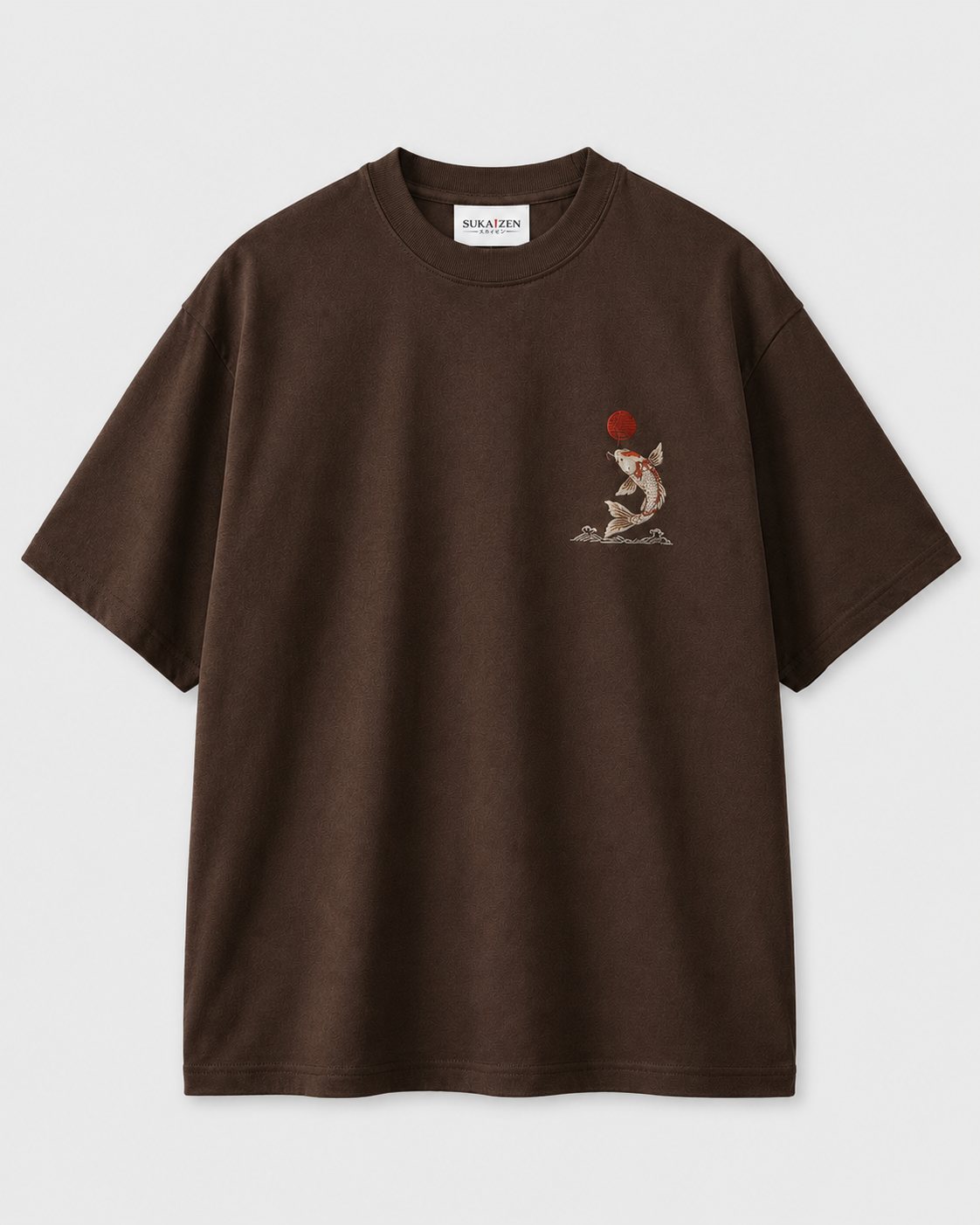 Koi Sun Drift T-Shirt by Sukaizen in dark brown with koi fish, red sun, and wave chest embroidery