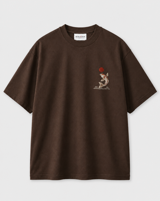 Koi Sun Drift T-Shirt by Sukaizen in dark brown with koi fish, red sun, and wave chest embroidery