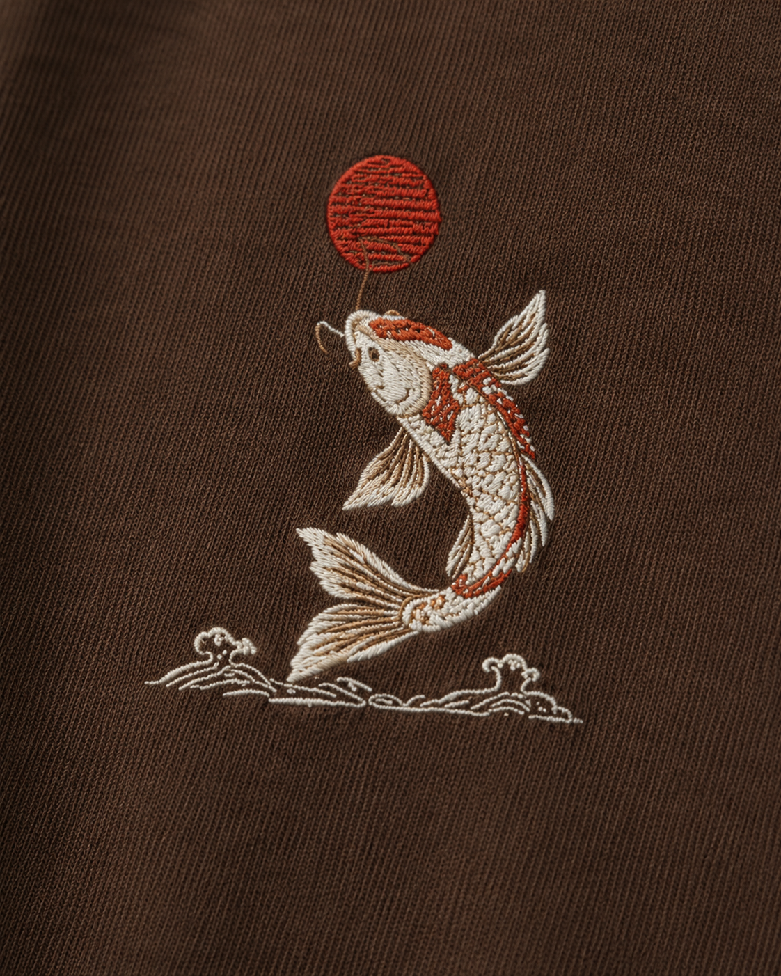 Koi Sun Drift T-Shirt by Sukaizen in dark brown with koi fish, red sun, and wave chest embroidery