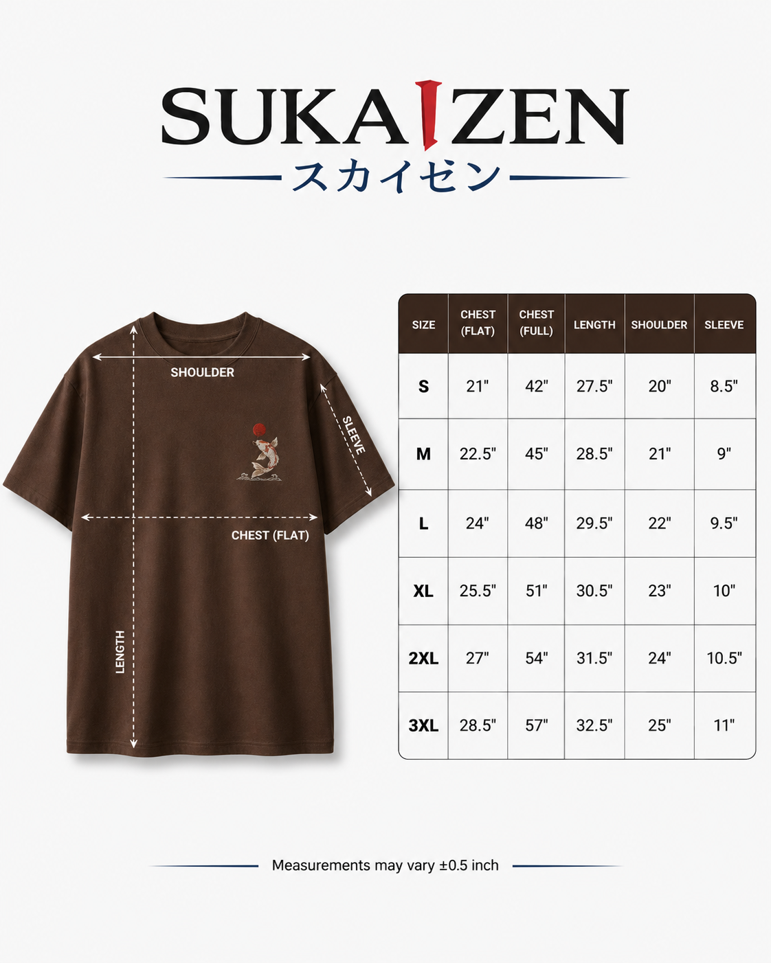 Koi Sun Drift T-Shirt by Sukaizen in dark brown with koi fish, red sun, and wave chest embroidery