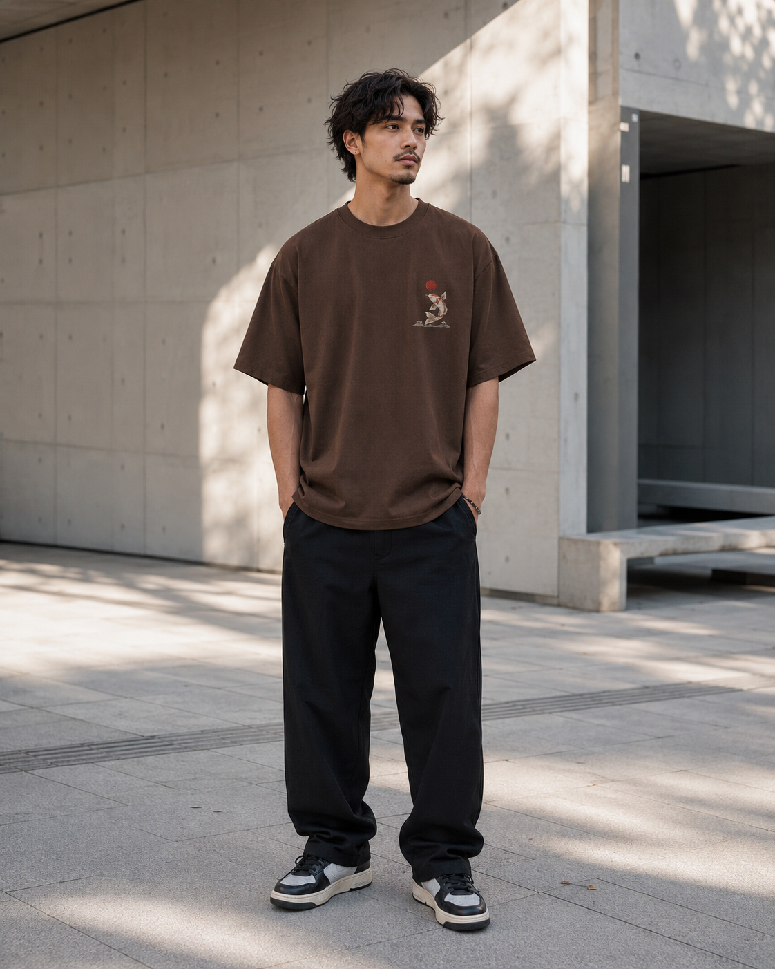 Koi Sun Drift T-Shirt by Sukaizen in dark brown with koi fish, red sun, and wave chest embroidery