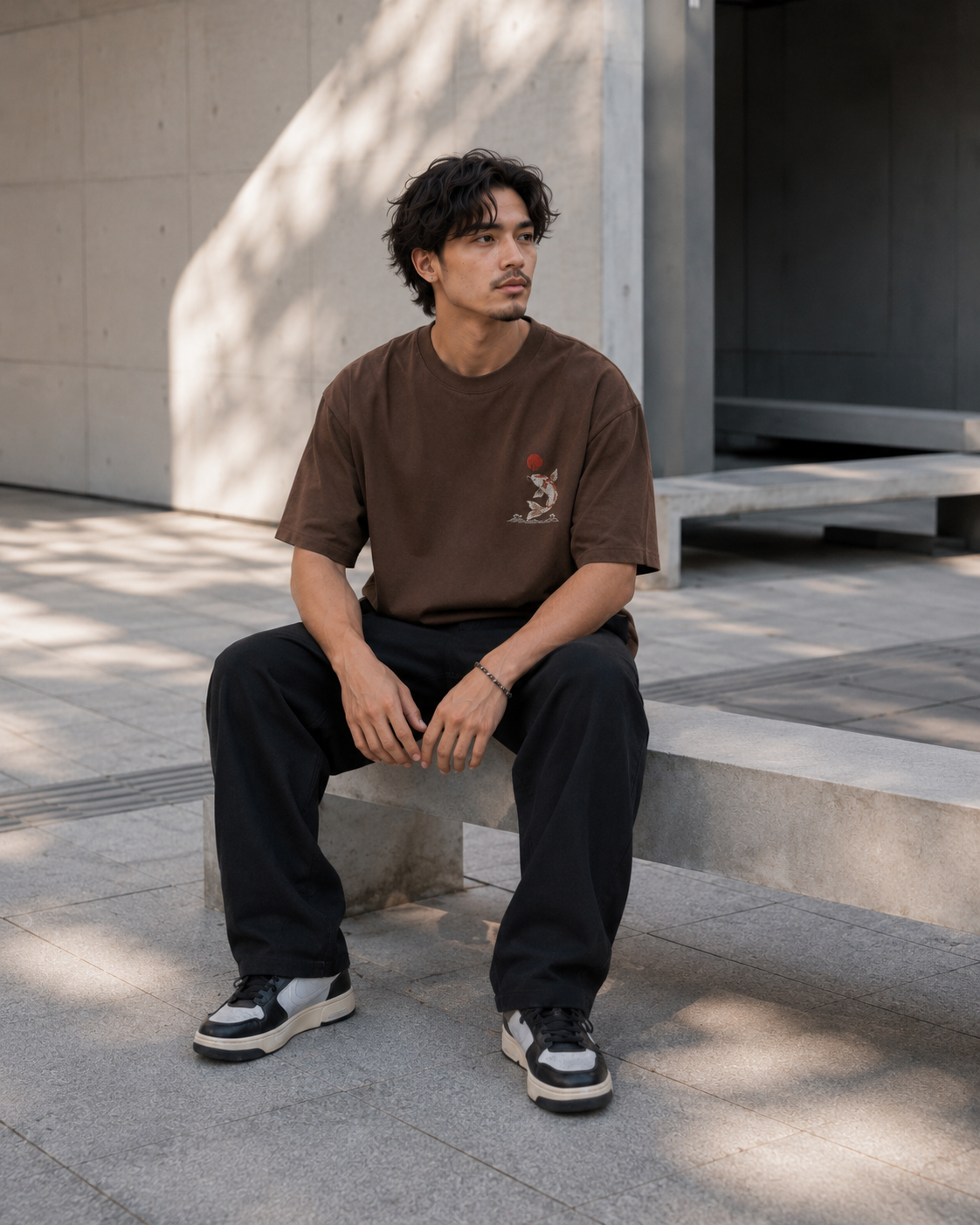 Koi Sun Drift T-Shirt by Sukaizen in dark brown with koi fish, red sun, and wave chest embroidery