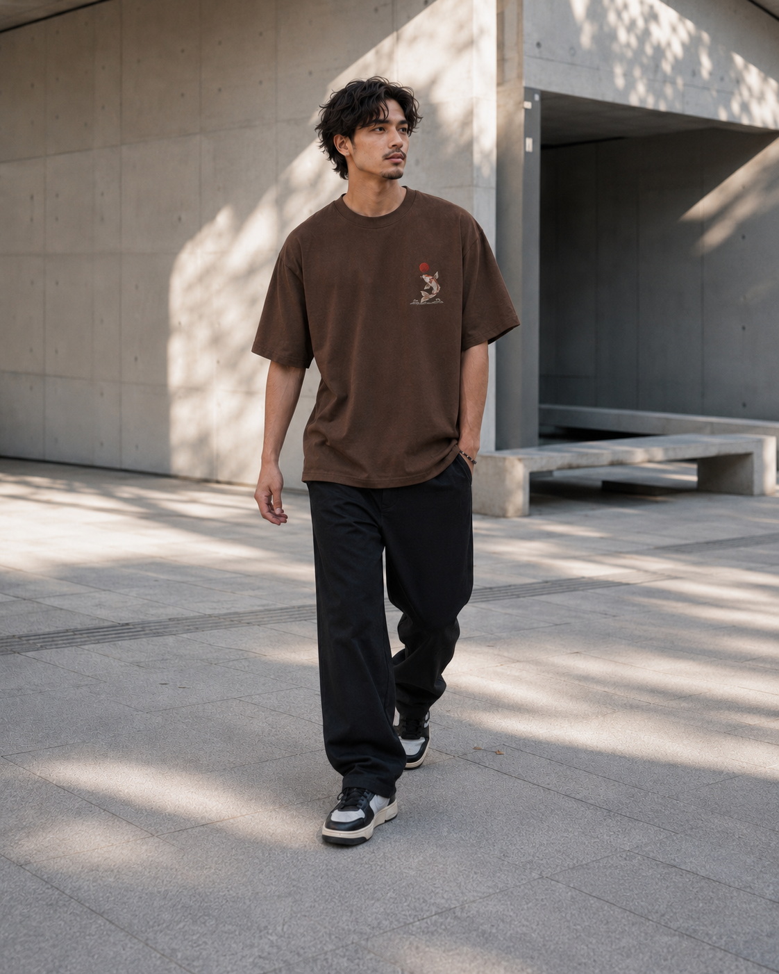 Koi Sun Drift T-Shirt by Sukaizen in dark brown with koi fish, red sun, and wave chest embroidery