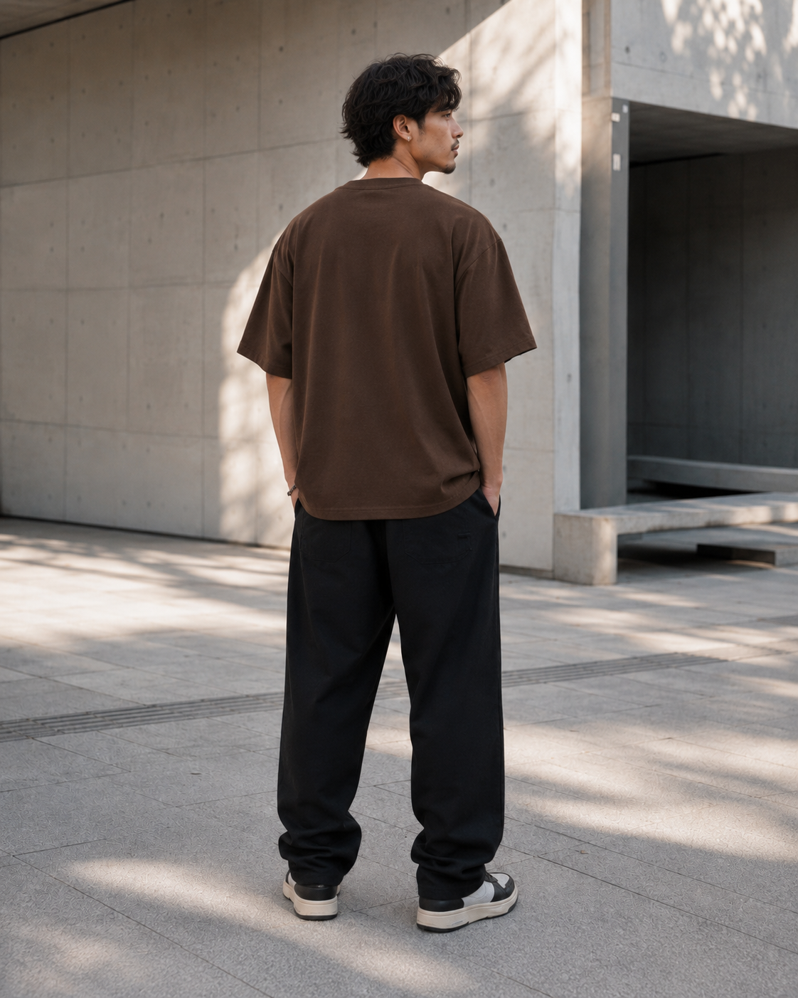 Koi Sun Drift T-Shirt by Sukaizen in dark brown with koi fish, red sun, and wave chest embroidery