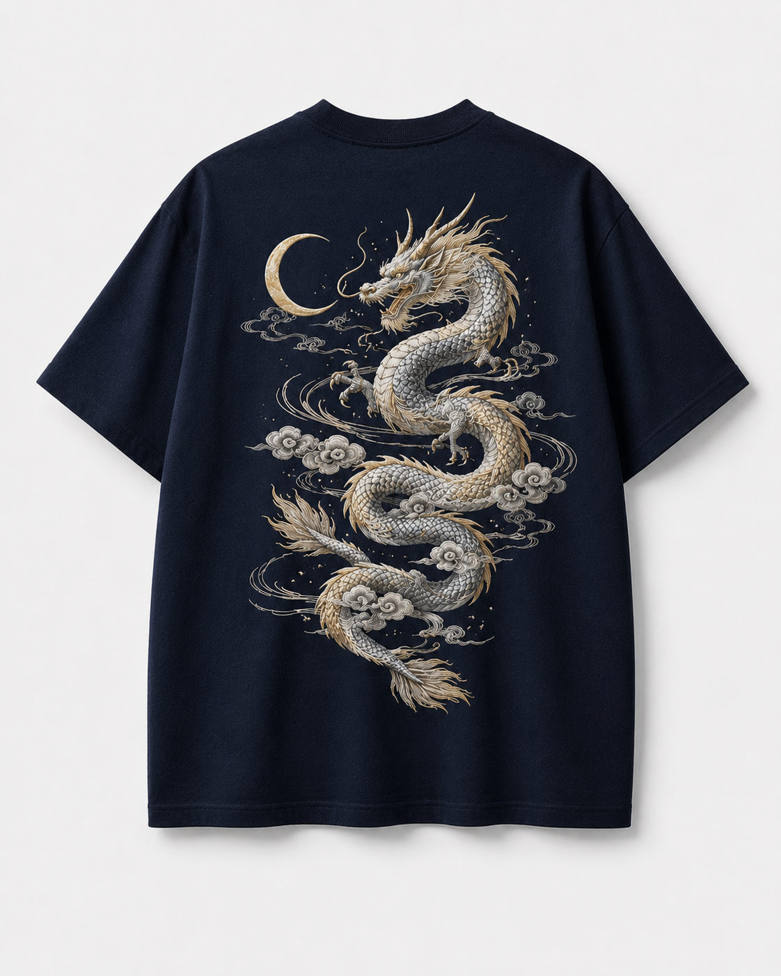 Lunar Dragon Cloud T-Shirt by Sukaizen in deep navy blue with silver gold dragon crescent moon and cloud embroidery
