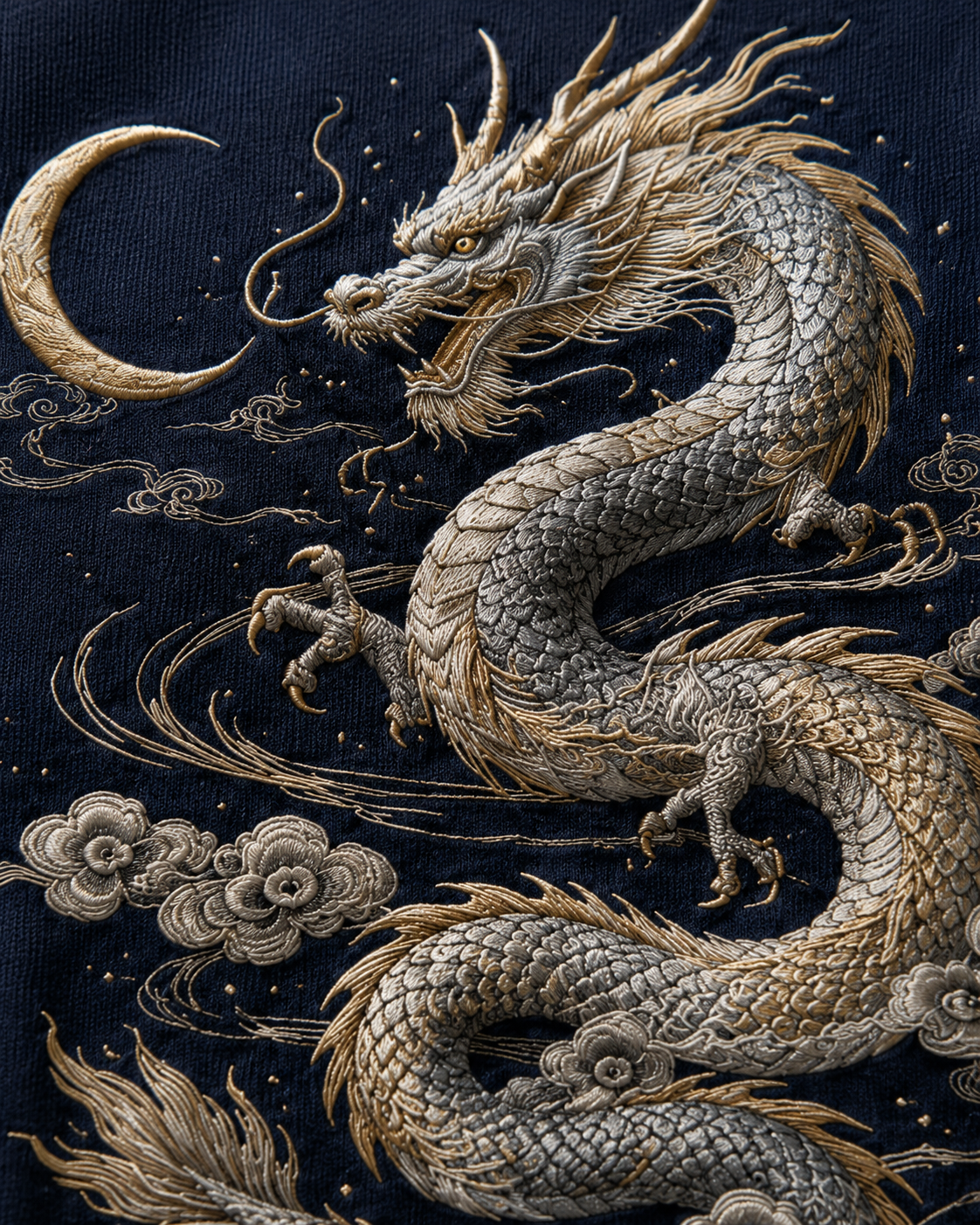 Lunar Dragon Cloud T-Shirt by Sukaizen in deep navy blue with silver gold dragon crescent moon and cloud embroidery