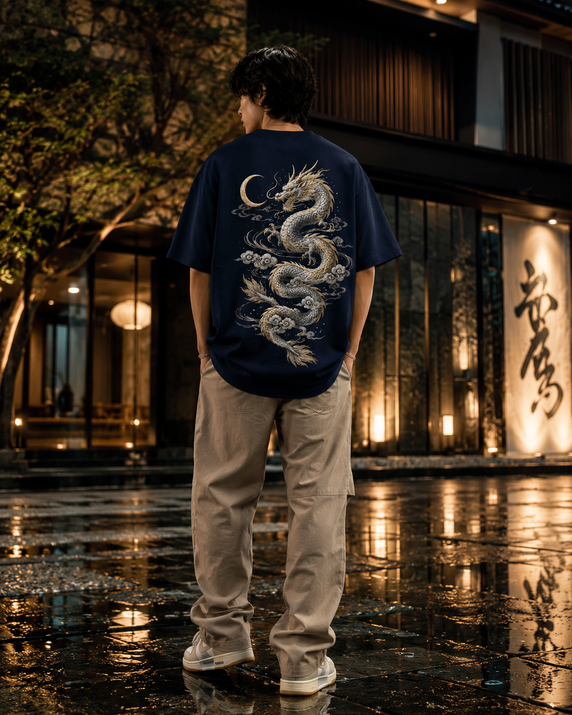 Lunar Dragon Cloud T-Shirt by Sukaizen in deep navy blue with silver gold dragon crescent moon and cloud embroidery
