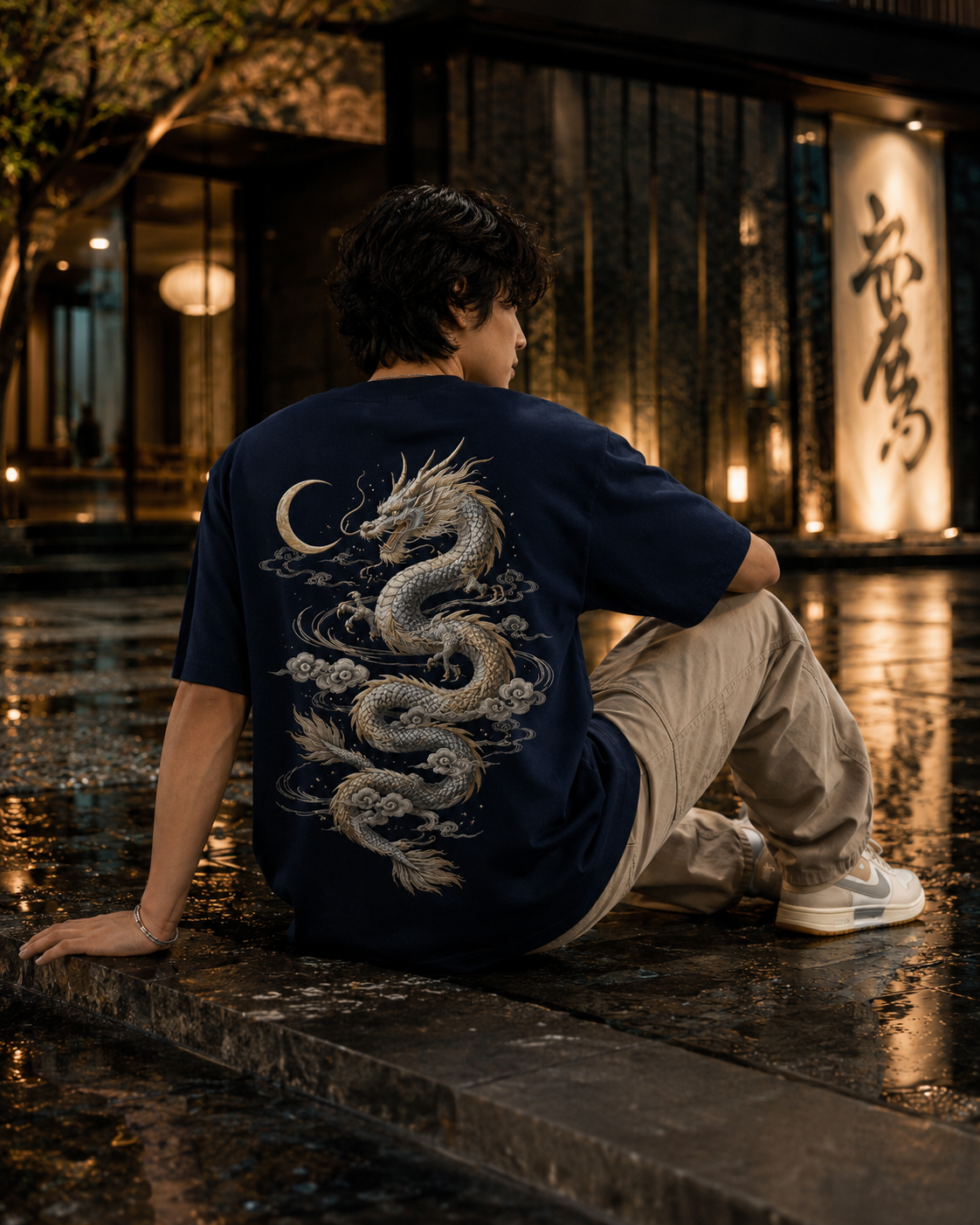 Lunar Dragon Cloud T-Shirt by Sukaizen in deep navy blue with silver gold dragon crescent moon and cloud embroidery