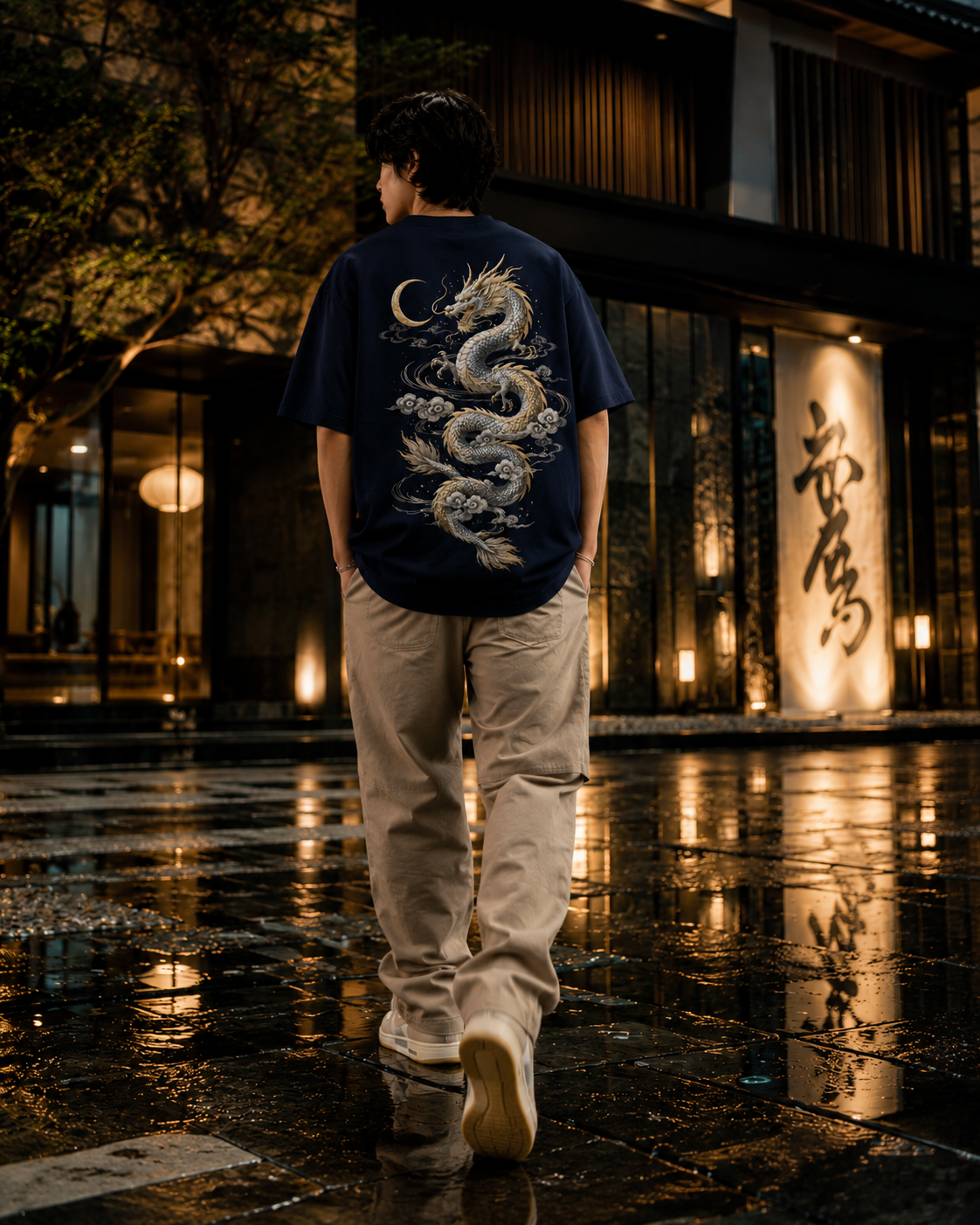 Lunar Dragon Cloud T-Shirt by Sukaizen in deep navy blue with silver gold dragon crescent moon and cloud embroidery