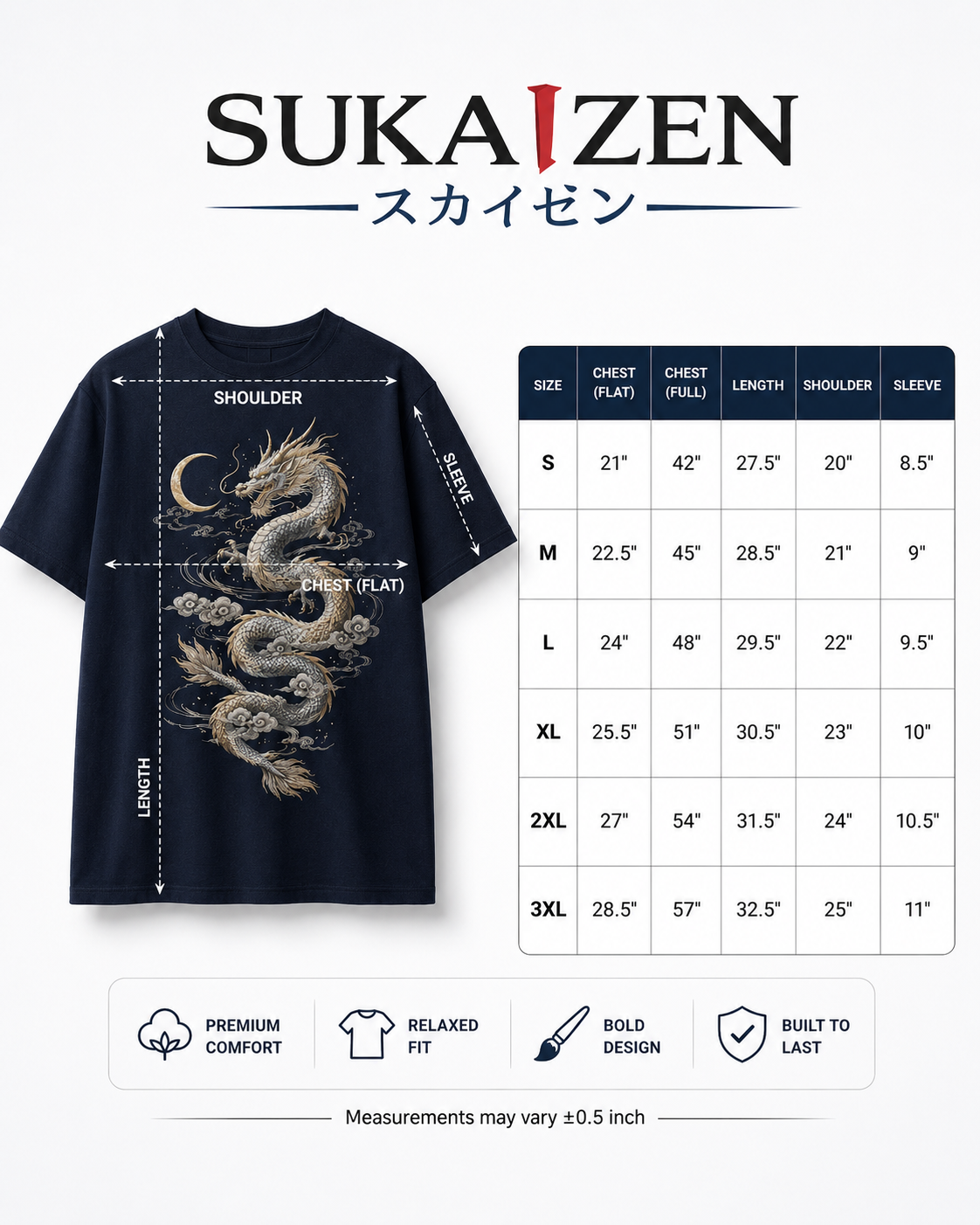 Lunar Dragon Cloud T-Shirt by Sukaizen in deep navy blue with silver gold dragon crescent moon and cloud embroidery