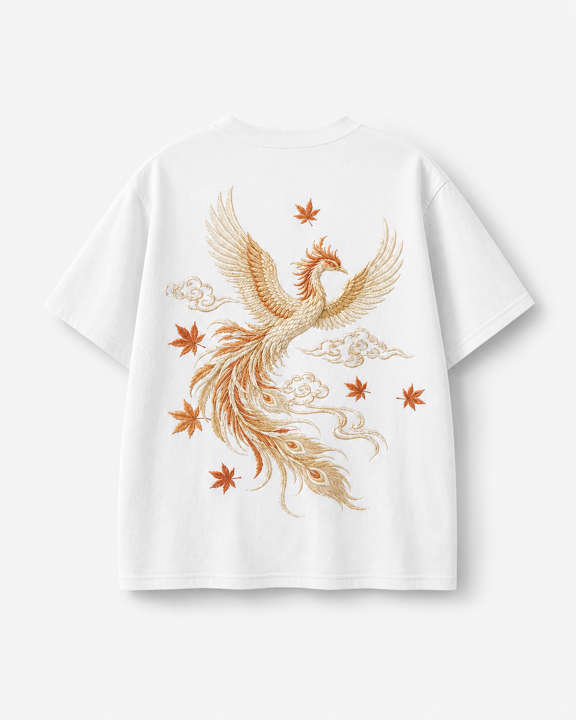 Phoenix Maple Cloud T-Shirt by Sukaizen in white with gold orange phoenix maple leaf and cloud embroidery