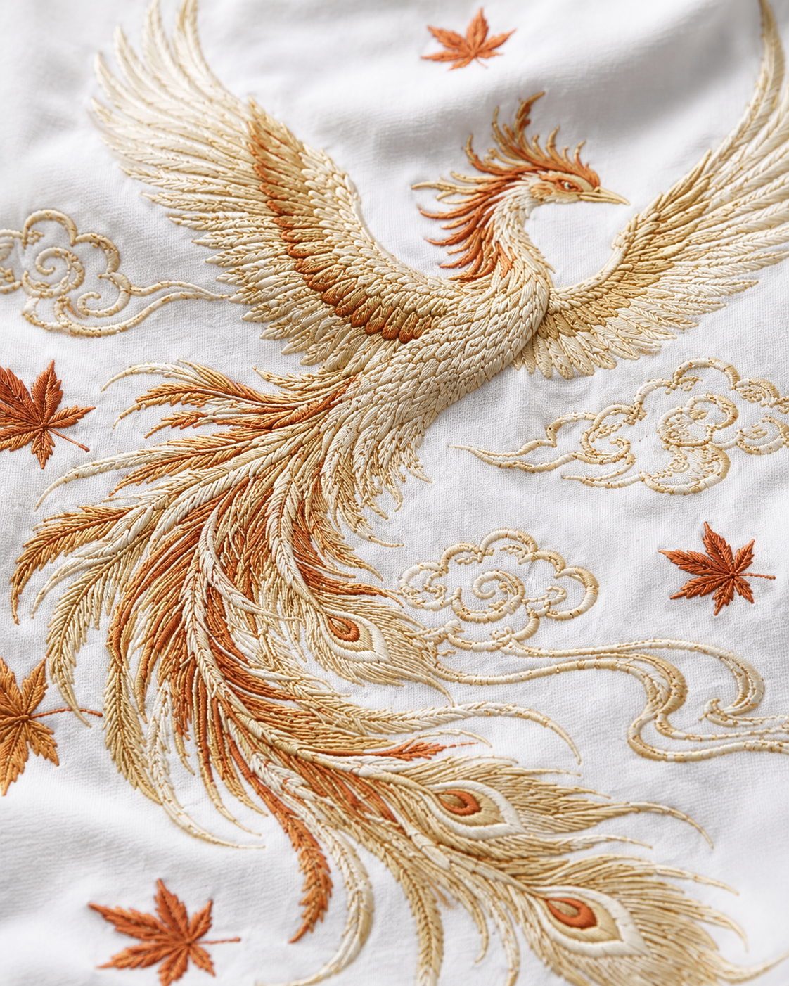 Phoenix Maple Cloud T-Shirt by Sukaizen in white with gold orange phoenix maple leaf and cloud embroidery