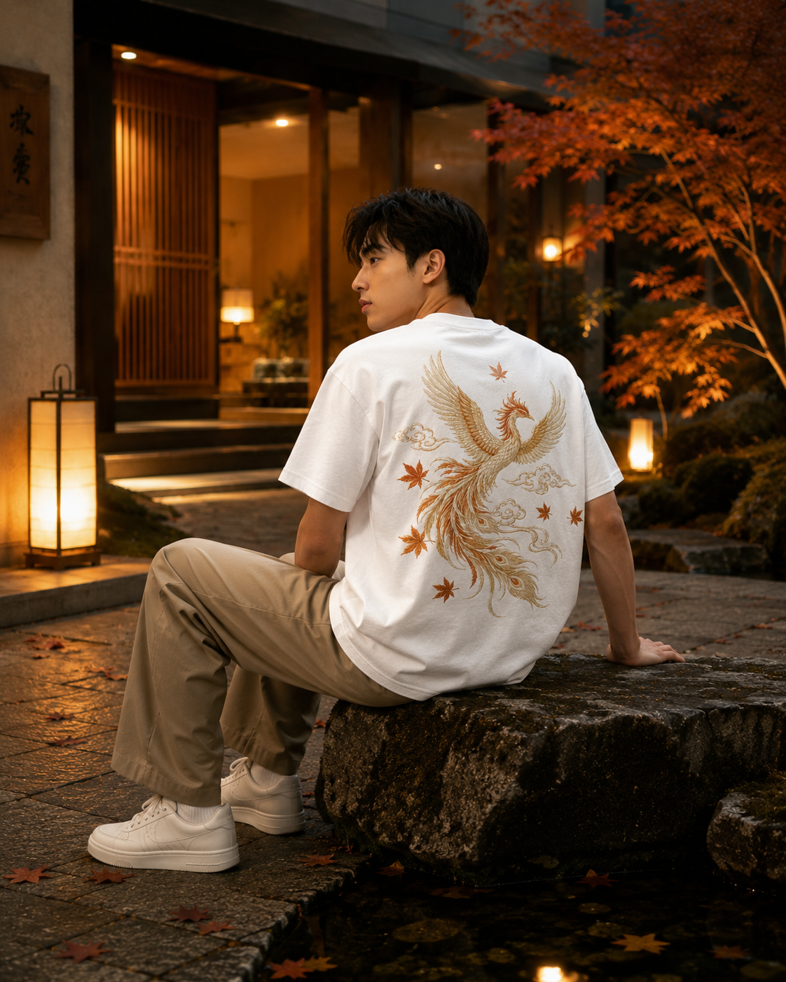 Phoenix Maple Cloud T-Shirt by Sukaizen in white with gold orange phoenix maple leaf and cloud embroidery