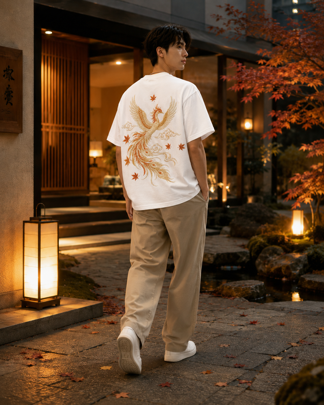 Phoenix Maple Cloud T-Shirt by Sukaizen in white with gold orange phoenix maple leaf and cloud embroidery