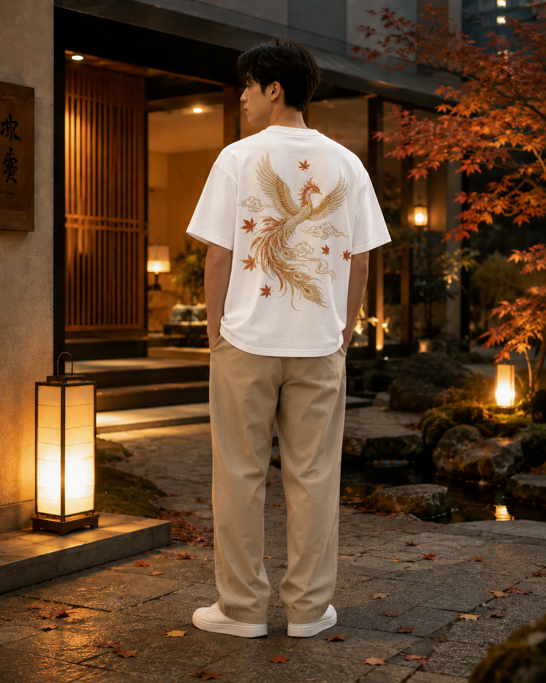 Phoenix Maple Cloud T-Shirt by Sukaizen in white with gold orange phoenix maple leaf and cloud embroidery