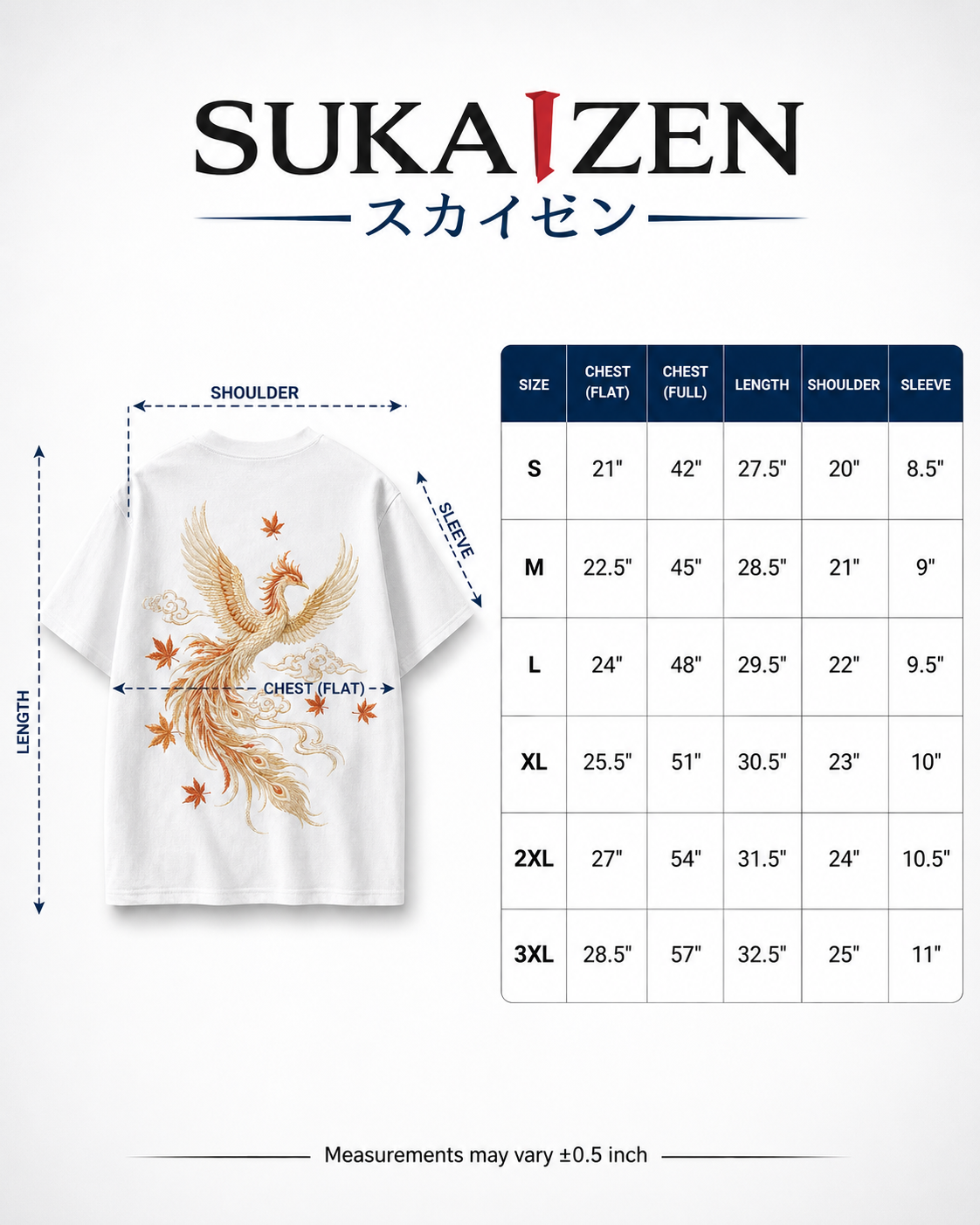 Phoenix Maple Cloud T-Shirt by Sukaizen in white with gold orange phoenix maple leaf and cloud embroidery