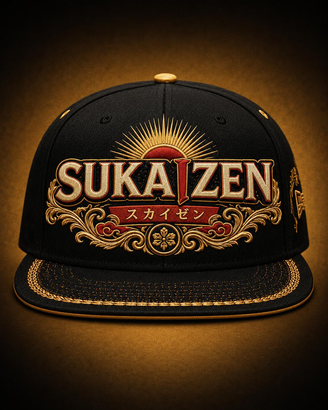 Sukaizen Gold Crest Embroidered Cap in black with gold and red embroidered logo and snapback closure