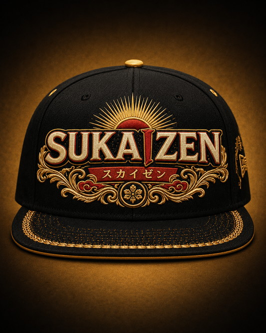 Sukaizen Gold Crest Embroidered Cap in black with gold and red embroidered logo and snapback closure