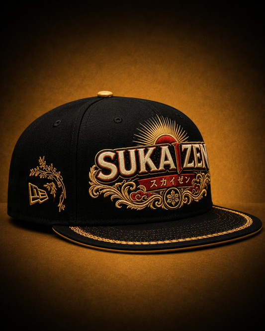Sukaizen Gold Crest Embroidered Cap in black with gold and red embroidered logo and snapback closure