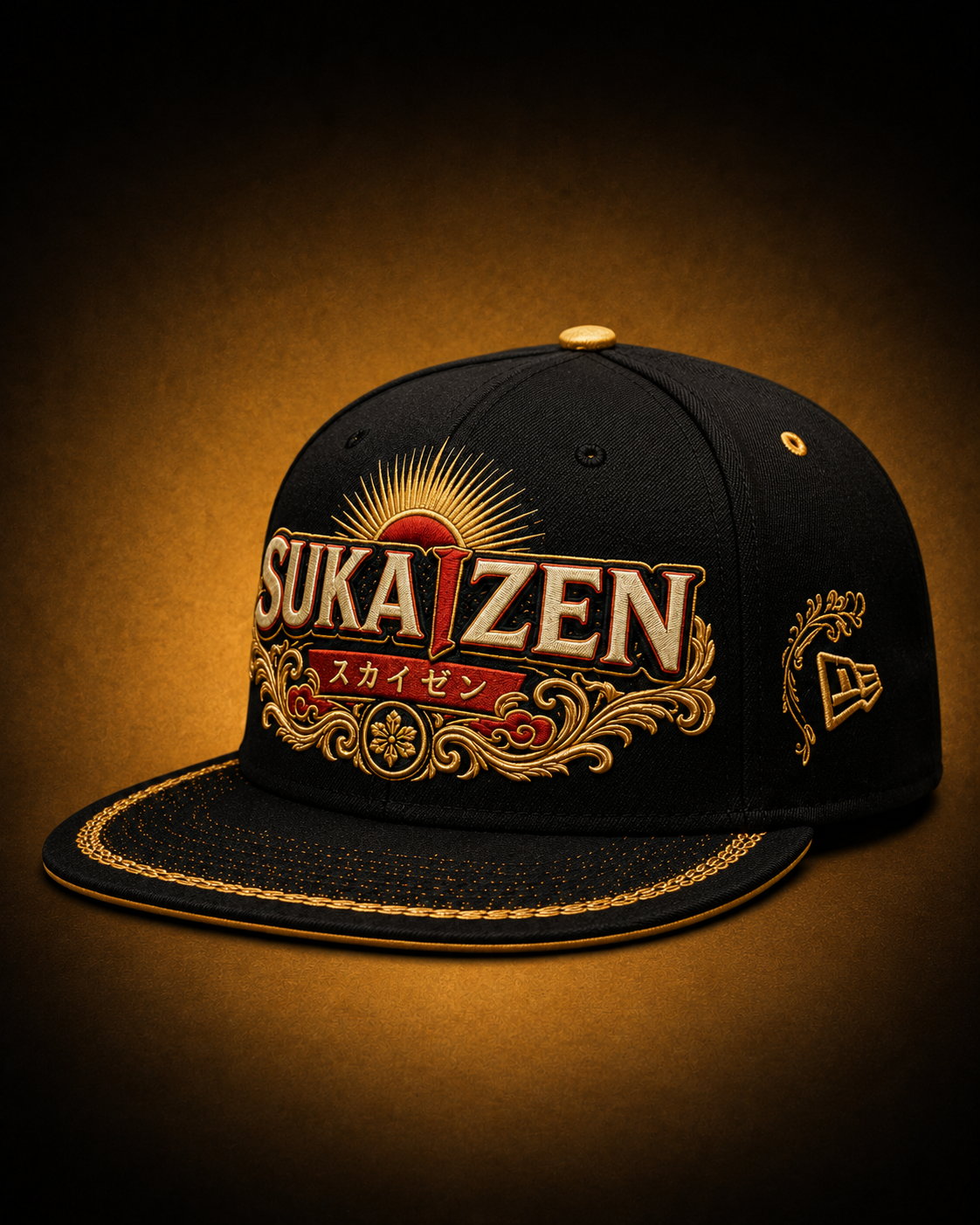 Sukaizen Gold Crest Embroidered Cap in black with gold and red embroidered logo and snapback closure