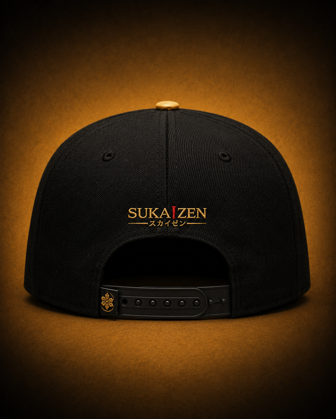 Sukaizen Gold Crest Embroidered Cap in black with gold and red embroidered logo and snapback closure