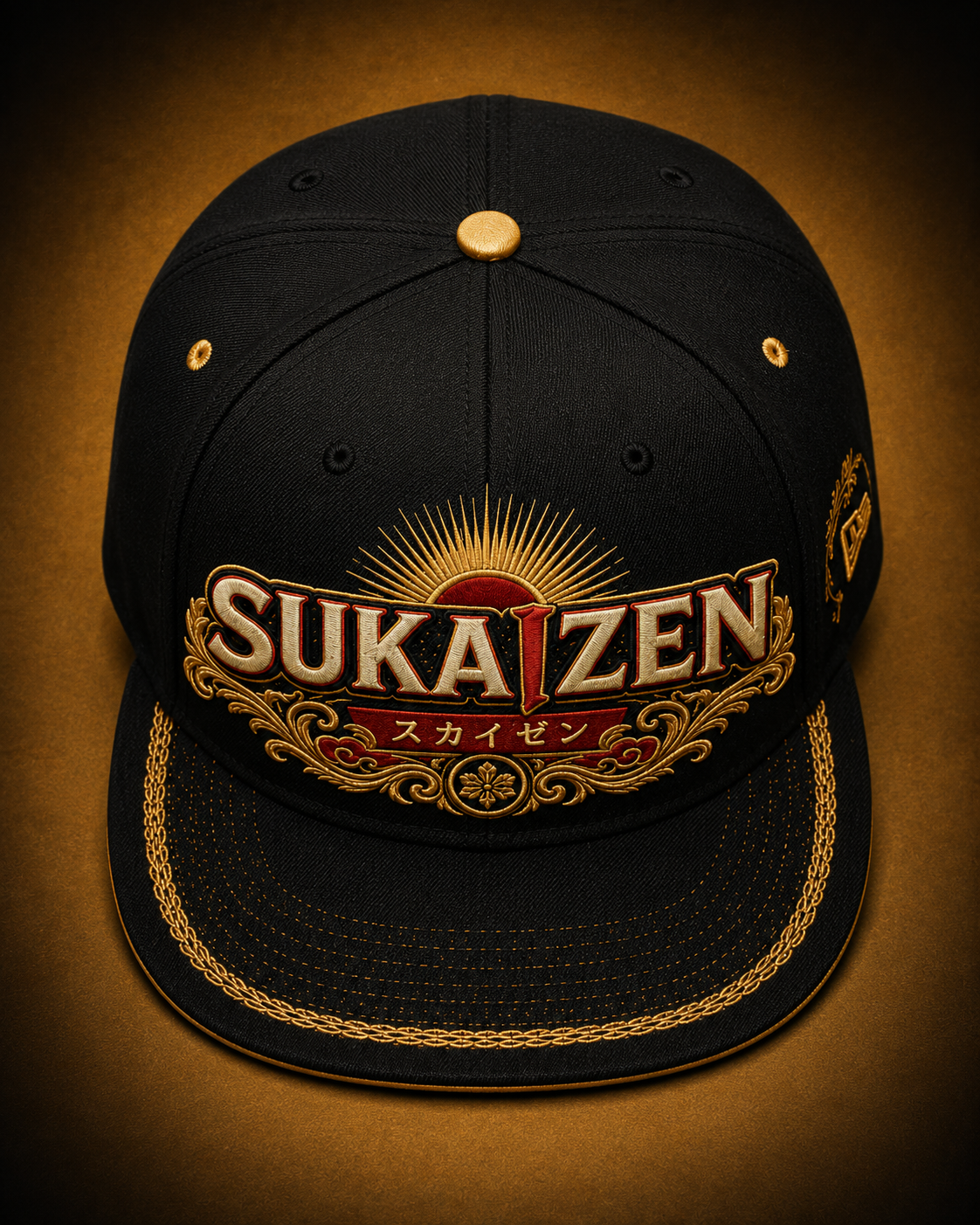 Sukaizen Gold Crest Embroidered Cap in black with gold and red embroidered logo and snapback closure