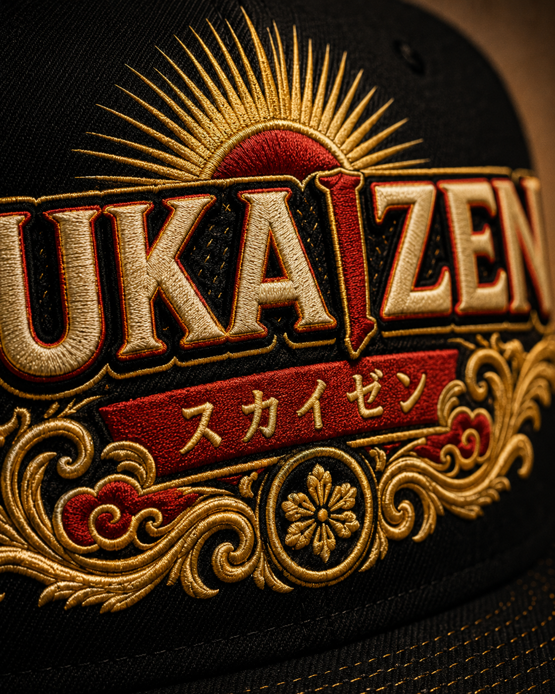 Sukaizen Gold Crest Embroidered Cap in black with gold and red embroidered logo and snapback closure