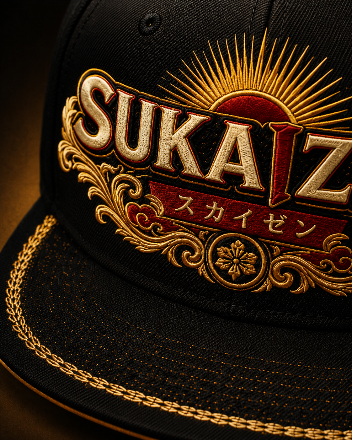 Sukaizen Gold Crest Embroidered Cap in black with gold and red embroidered logo and snapback closure