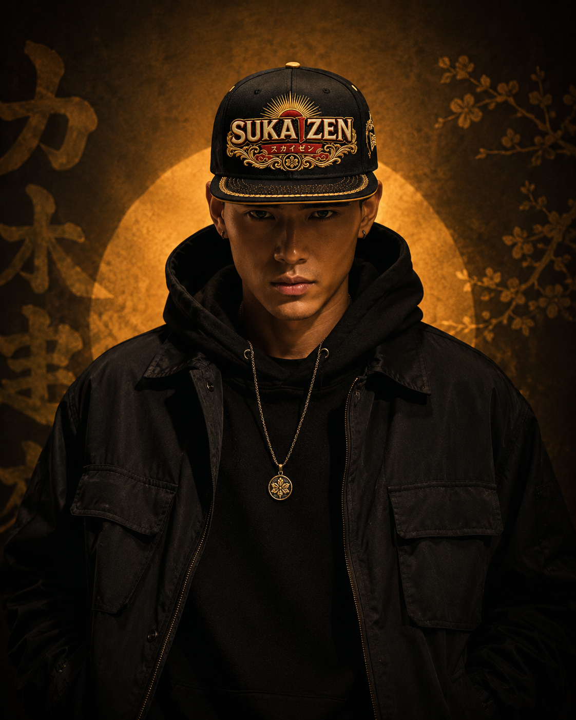 Sukaizen Gold Crest Embroidered Cap in black with gold and red embroidered logo and snapback closure