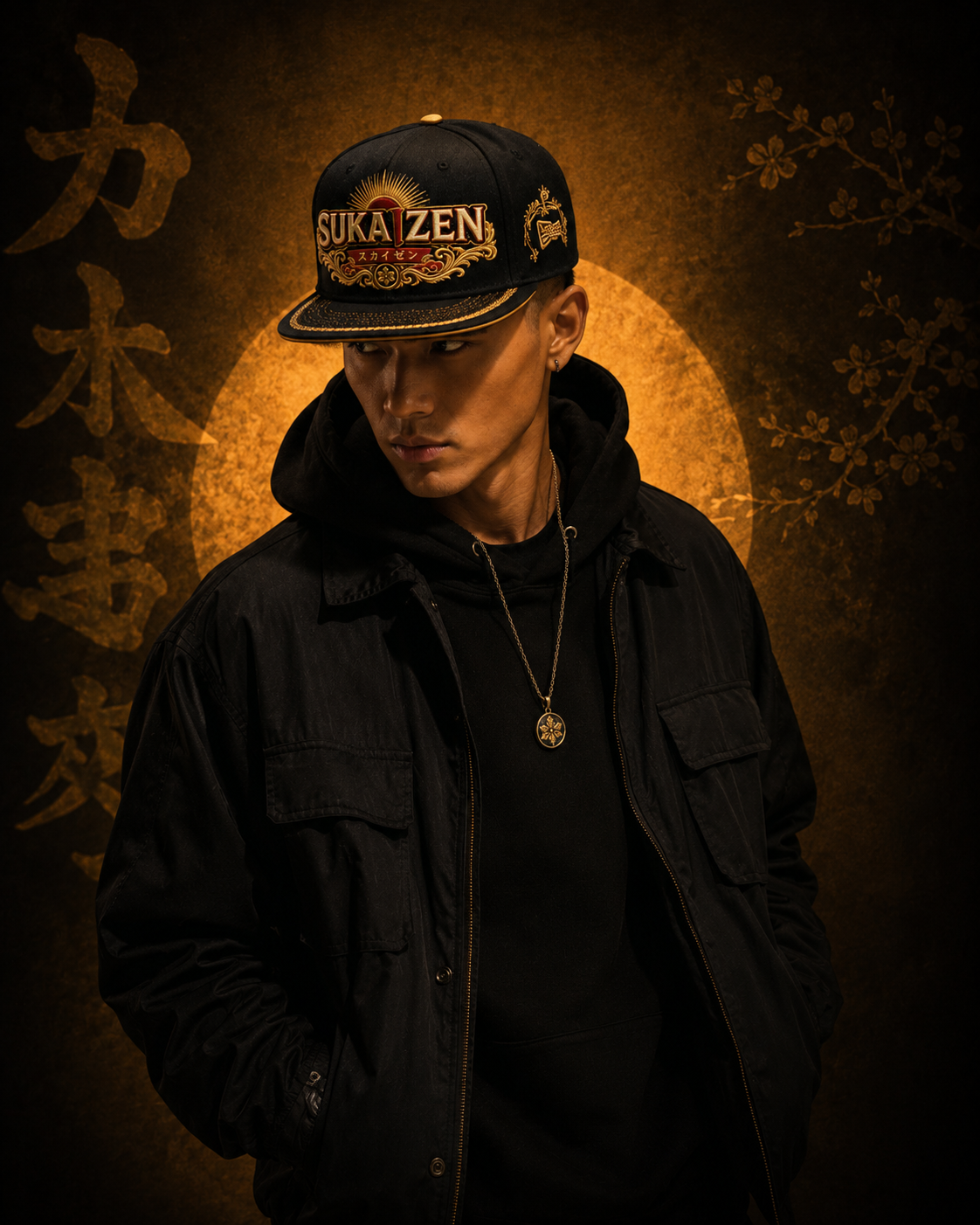 Sukaizen Gold Crest Embroidered Cap in black with gold and red embroidered logo and snapback closure