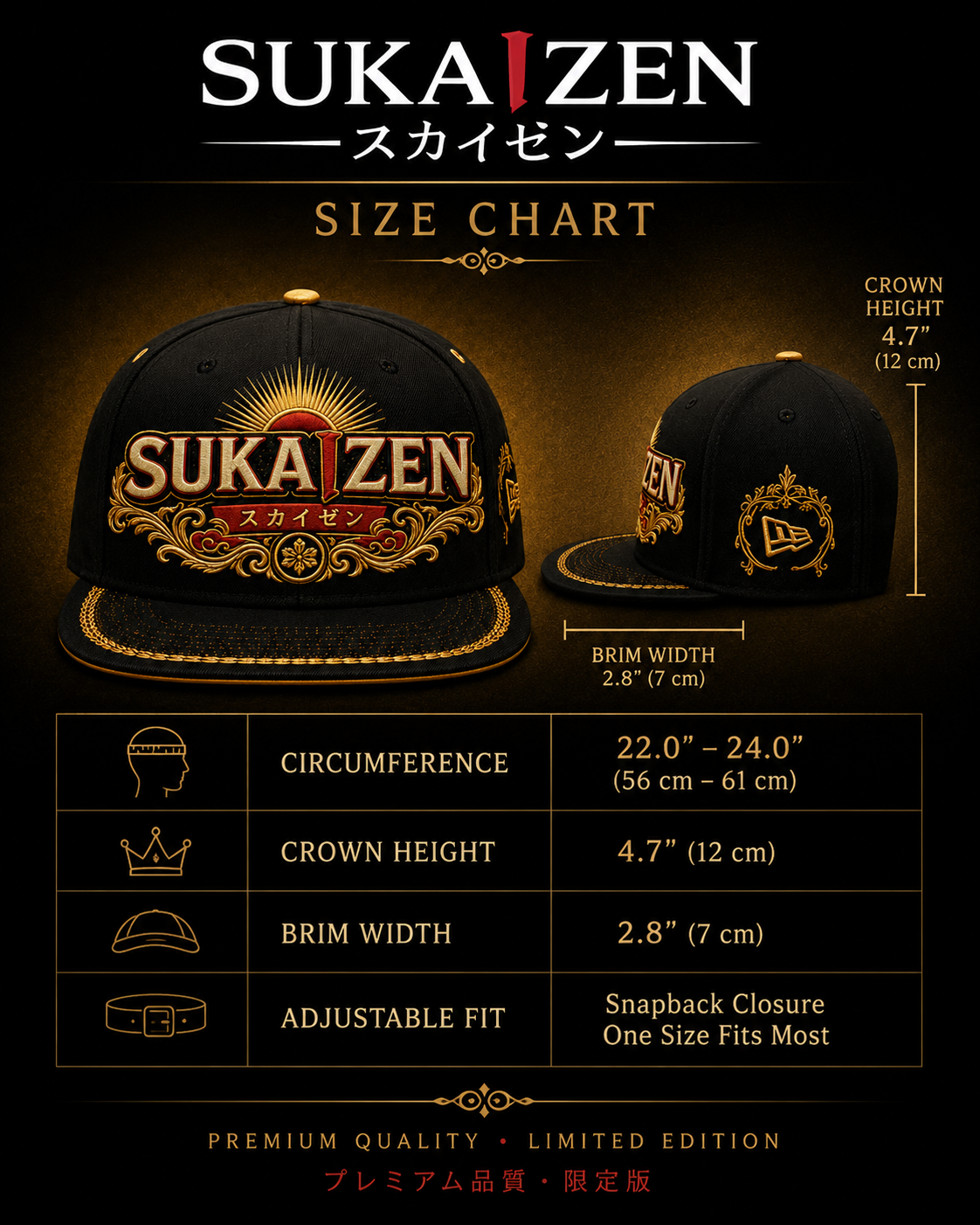Sukaizen Gold Crest Embroidered Cap in black with gold and red embroidered logo and snapback closure