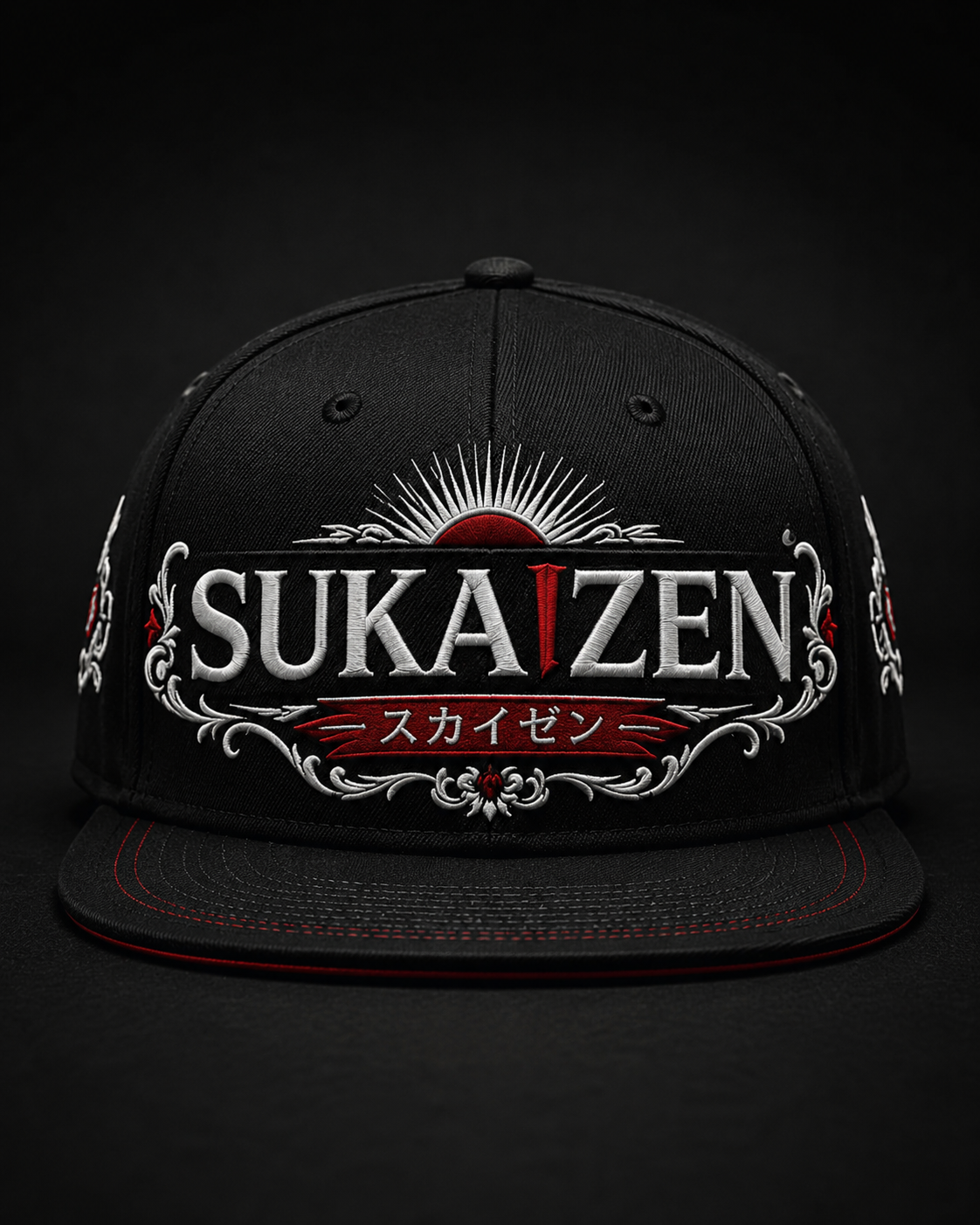Sukaizen Crimson Crest Embroidered Cap in black with silver and red embroidered logo and snapback design