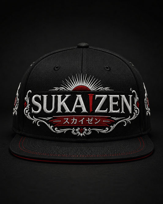 Sukaizen Crimson Crest Embroidered Cap in black with silver and red embroidered logo and snapback design