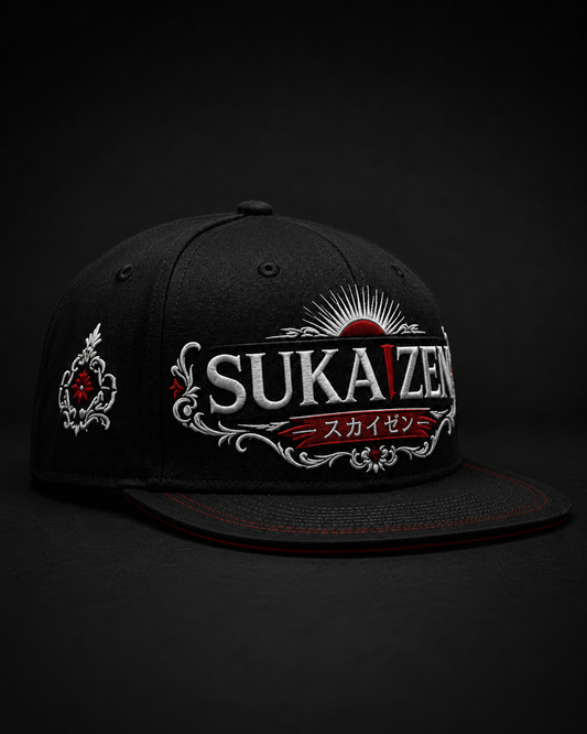 Sukaizen Crimson Crest Embroidered Cap in black with silver and red embroidered logo and snapback design