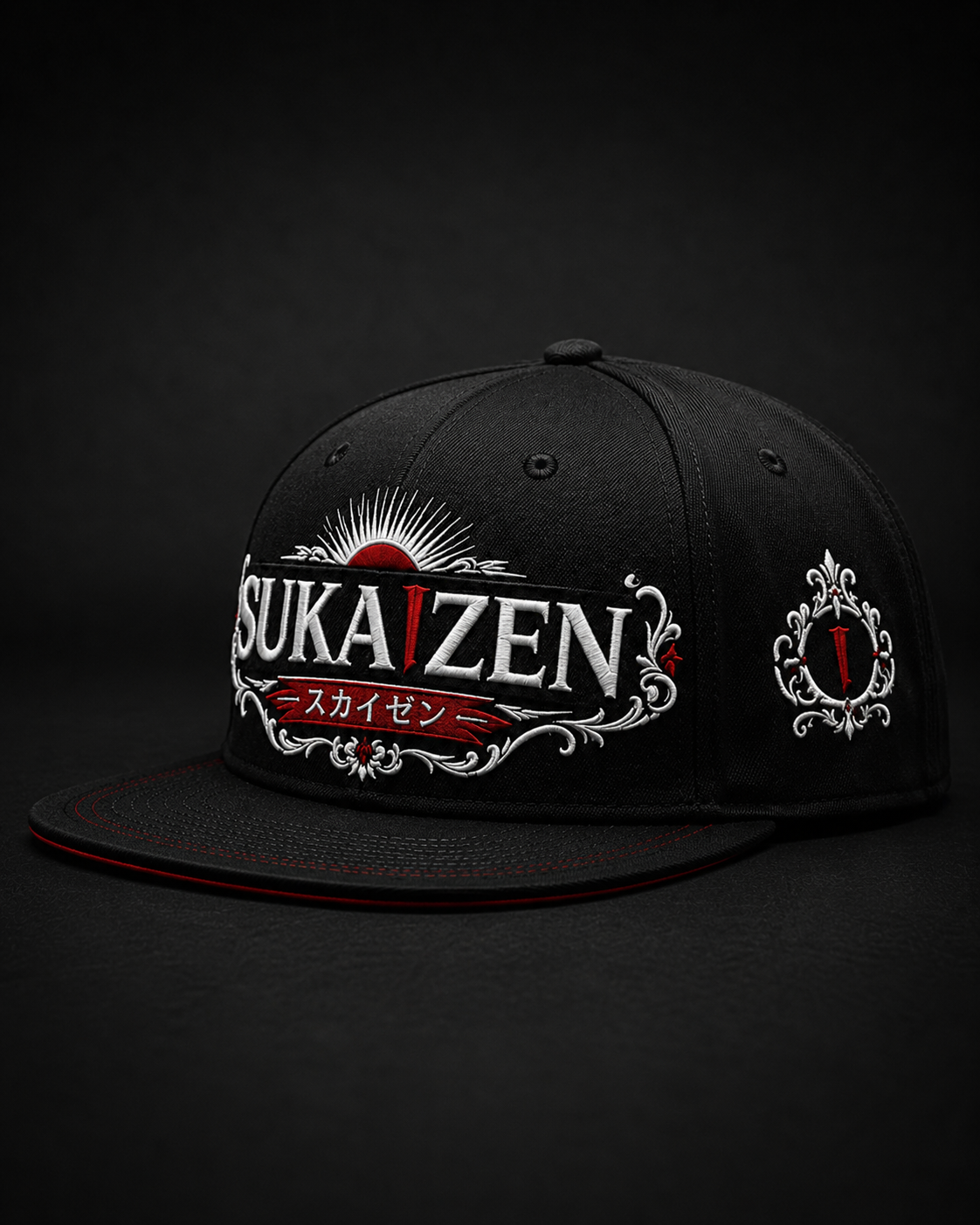 Sukaizen Crimson Crest Embroidered Cap in black with silver and red embroidered logo and snapback design