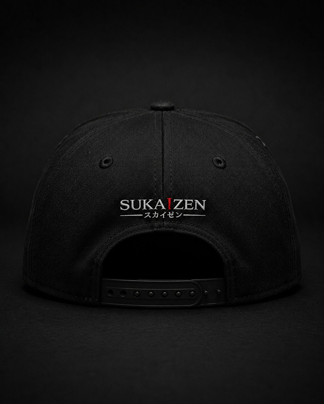 Sukaizen Crimson Crest Embroidered Cap in black with silver and red embroidered logo and snapback design