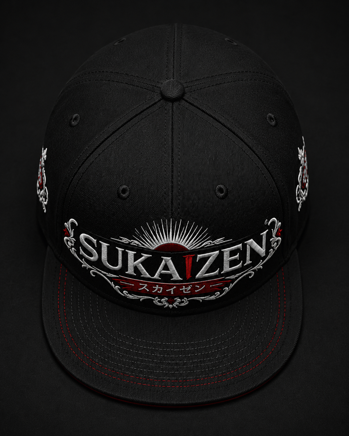 Sukaizen Crimson Crest Embroidered Cap in black with silver and red embroidered logo and snapback design