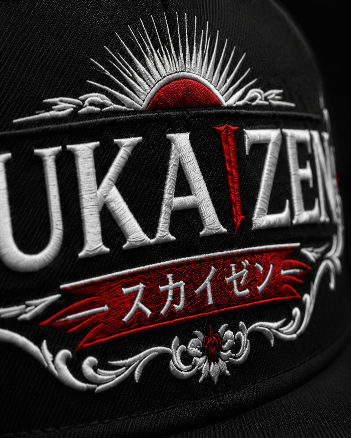 Sukaizen Crimson Crest Embroidered Cap in black with silver and red embroidered logo and snapback design