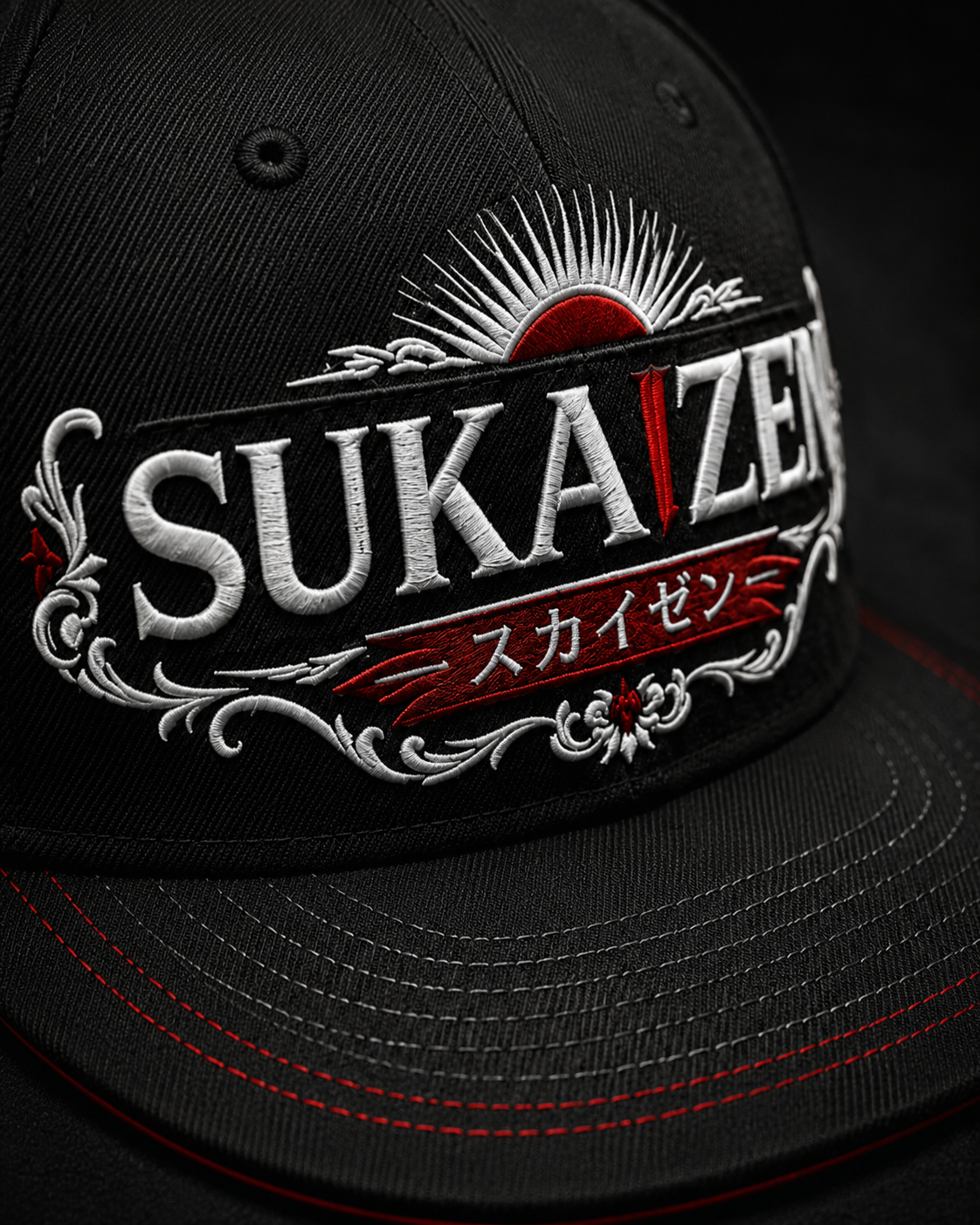 Sukaizen Crimson Crest Embroidered Cap in black with silver and red embroidered logo and snapback design