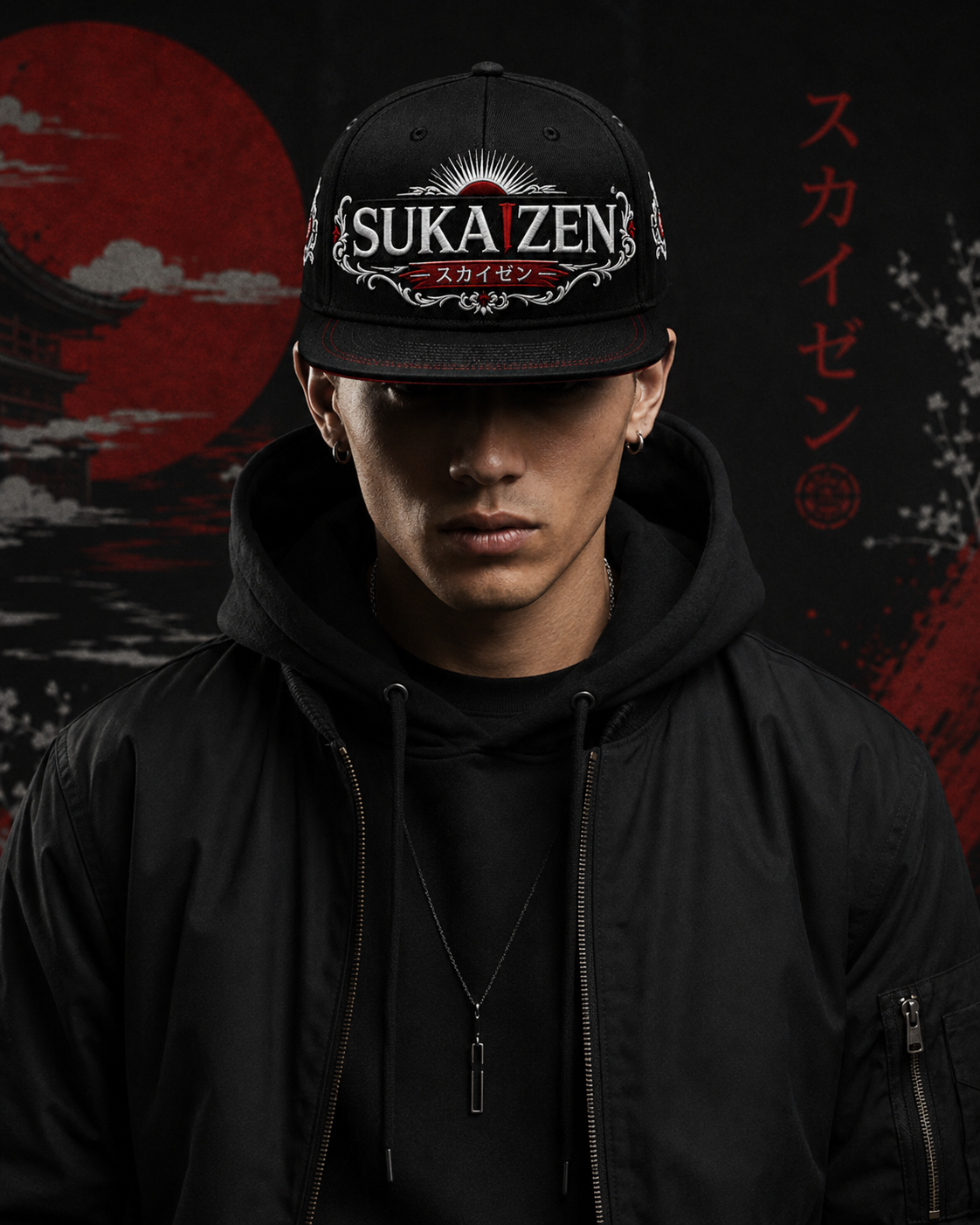Sukaizen Crimson Crest Embroidered Cap in black with silver and red embroidered logo and snapback design